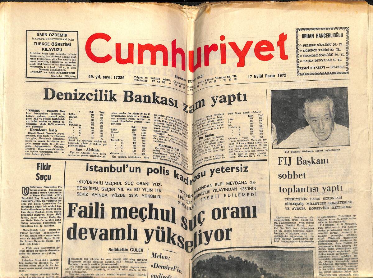 Cumhuriyet Gazetesi 17 Eylül 1972 - İstanbul Polis Kadrosu Yetersiz - İsrail Lübnan'daki Bazı Köyleri Yakıp Yıktı GZ143111 - 1