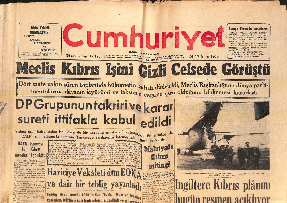 Cumhuriyet Gazetesi 17 Haziran 1958 - Meclis Kıbrıs İşini Gizli Celsede Görüştü - Amerikan Filosu Şehrimize Gelemiyor! GZ139214 - 1