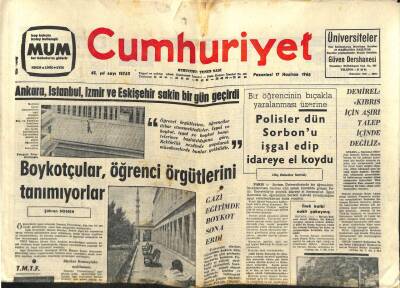 Cumhuriyet Gazetesi 17 Haziran 1968 - Boykotçular , Öğrenci Örgütlerini Tanımıyorlar GZ80333 - 1