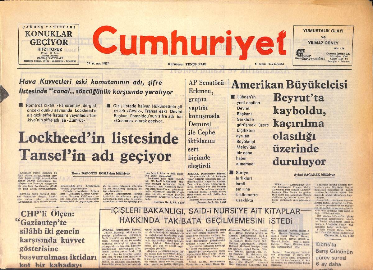Cumhuriyet Gazetesi 17 Haziran 1976 - Lockheed'in Listesinde Tansel'in Adı Geçiyor GZ161129 - 1