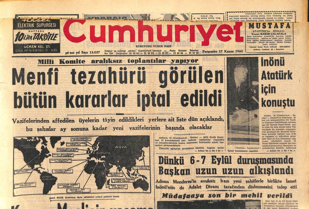 Cumhuriyet Gazetesi 17 Kasım 1960 - İnönü Atatürk İçin Konuştu - Kraliçe Elizabeth Yorulmuş GZ152536 - 1