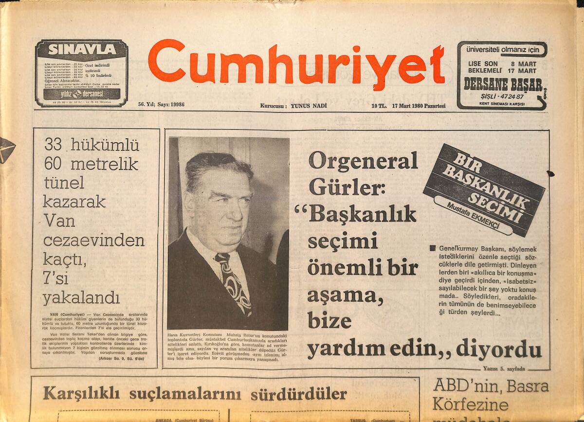 Cumhuriyet Gazetesi 17 Mart 1980 - Kıbrıs'ta Waldheim'ın Yeni Girişimleri Başlıyor - Avanos'ta Çıkan Olaylarda Bir Kişi Öldü GZ161201 - 1