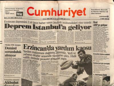 Cumhuriyet Gazetesi 17 Mart 1992 - Deprem İstanbula Geliyor GZ62287 - 1