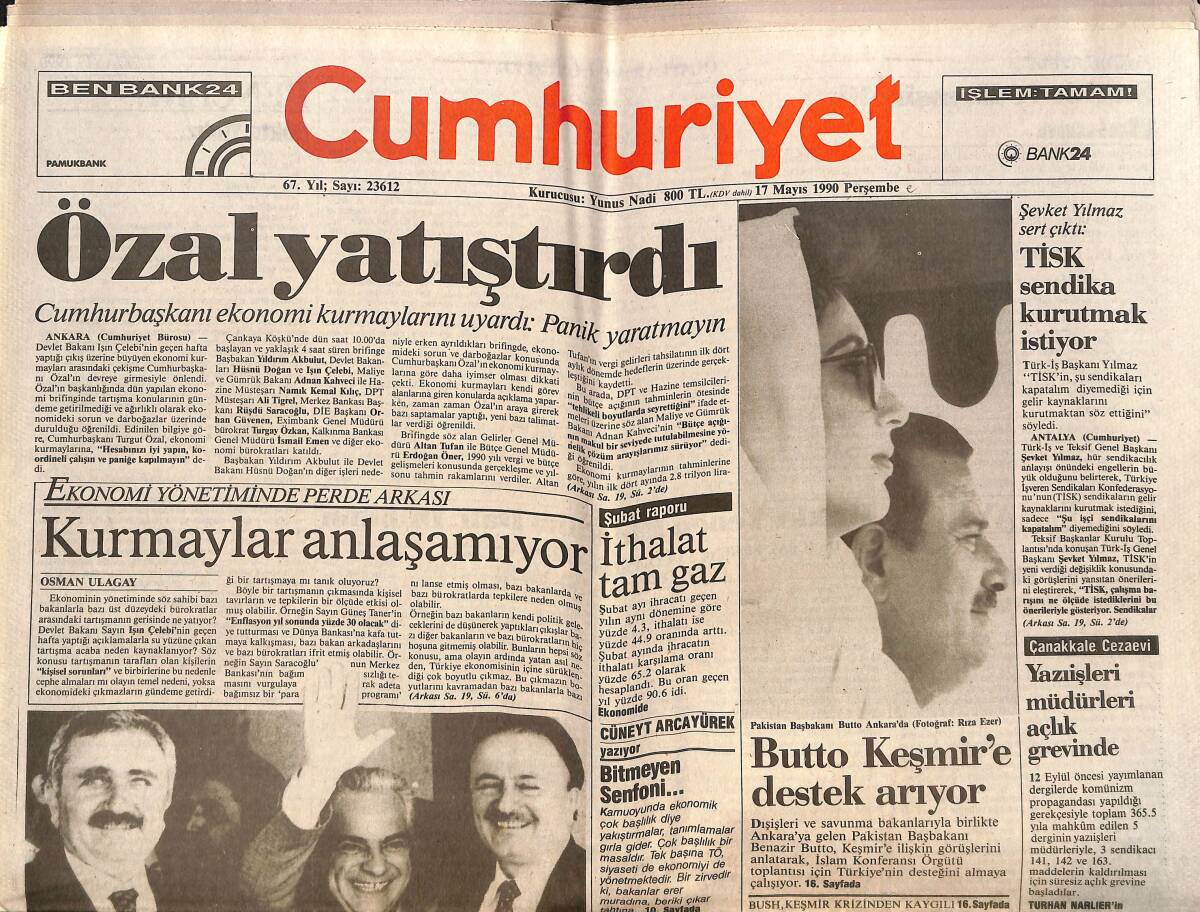 Cumhuriyet Gazetesi 17 Mayıs 1990 - Butto Keşmir'e Destek Arıyor - Van Gogh Rekor Kırdı GZ151943 - 1