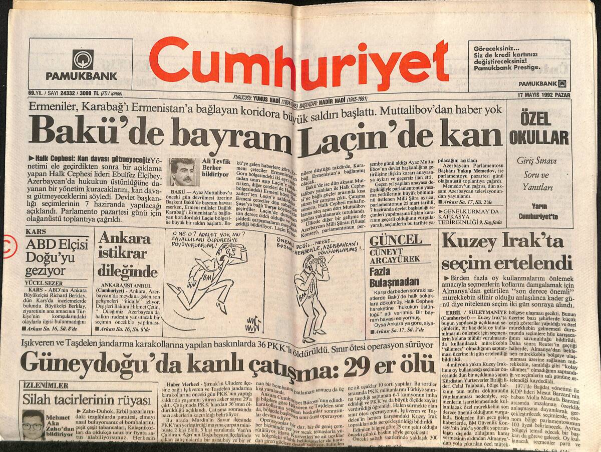 Cumhuriyet Gazetesi 17 Mayıs 1992 - Bakü'de Bayram Laçin'de Kan - Galata Köprüsü Yangından Erken Emekli GZ151966 - 1