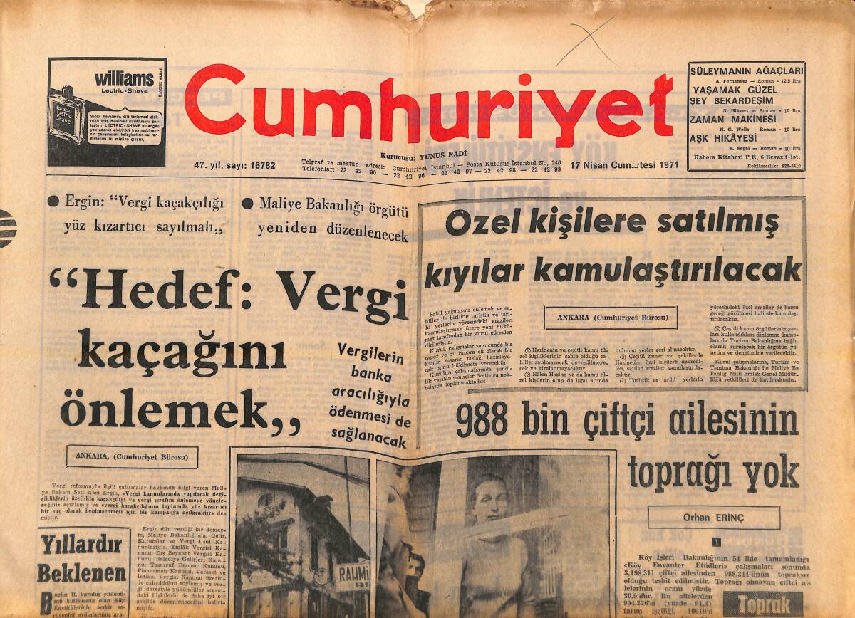 Cumhuriyet Gazetesi 17 Nisan 1971 - Özel Kişilere Satılmış Kıyılar Kamulaştırılacak - Nasır'dan Sonra Arap Dünyası GZ139111 - 1