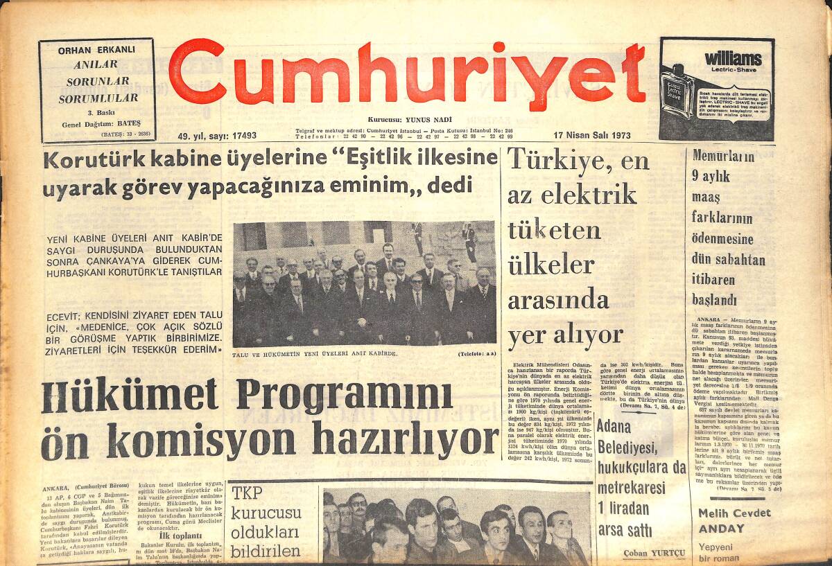 Cumhuriyet Gazetesi 17 Nisan 1973 - Hükümet Programını Ön Komisyon Hazırlıyor - 256 Sanıklı THKP Davası Başladı! GZ143040 - 1