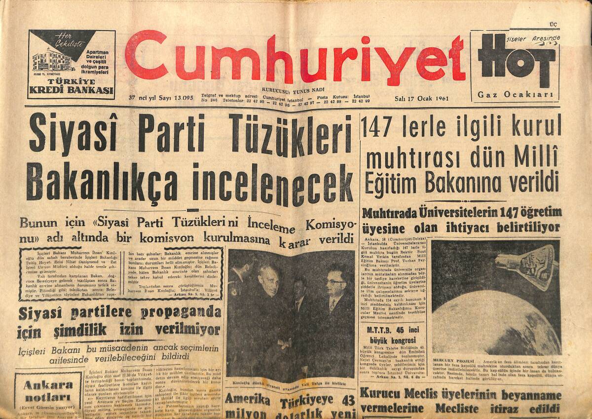 Cumhuriyet Gazetesi 17 Ocak 1961 - Siyasi Parti Tüzükleri Bakanlıkça İncelenecek! - Amerika Türkiye'ye 43 Milyon dolarlık Bir Bağışta Bulunuyor GZ139997 - 1