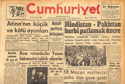 Cumhuriyet Gazetesi 17 Şubat 1957 - Hindistan-Pakistan Harbi Patlamak Üzere - 58 Macar Mültecisi Daha Dün Gece Geldi GZ120253 - 1