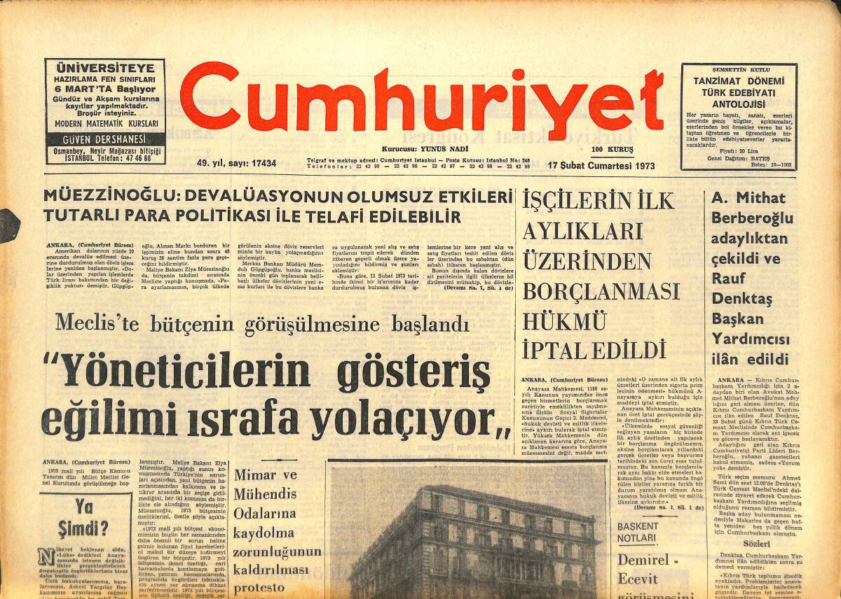 Cumhuriyet Gazetesi 17 Şubat 1973 - Yöneticilerin Gösteriş Eğilimi İsrafa Yol Açıyor - Clay Bir Gecede Üç Boksörle Dövüşecek GZ142599 - 1