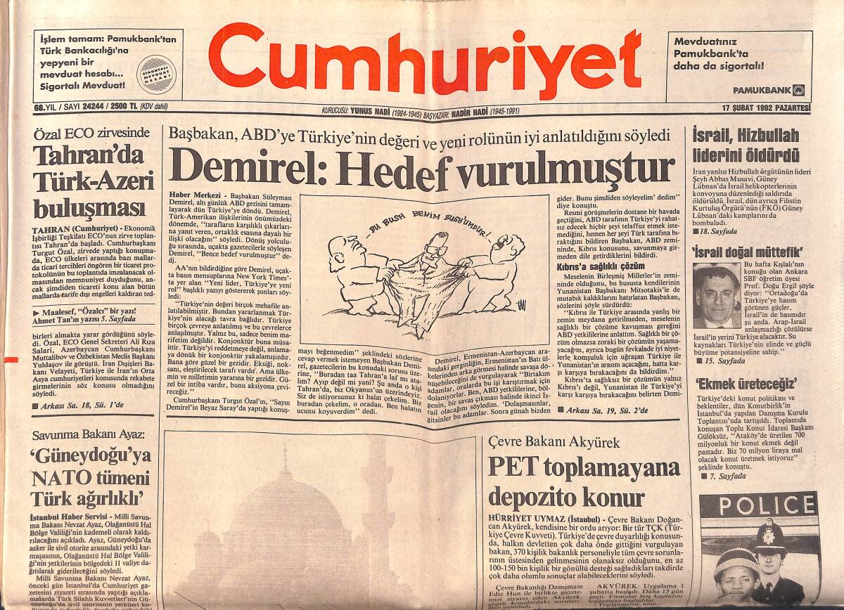Cumhuriyet Gazetesi 17 Şubat 1992 - Tahran'da Türk-Azeri Buluşması - İsrail , Hizbullah Liderini Öldürdü GZ159325 - 1