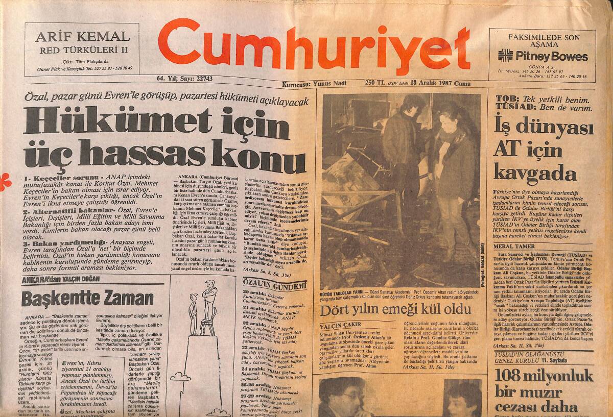 Cumhuriyet Gazetesi 18 Aralık 1987 - Hükümet İçin Üç Hassas Konu - Diana Ve Sinderella - TBMM'de Lojman Bunalımı GZ140035 - 1