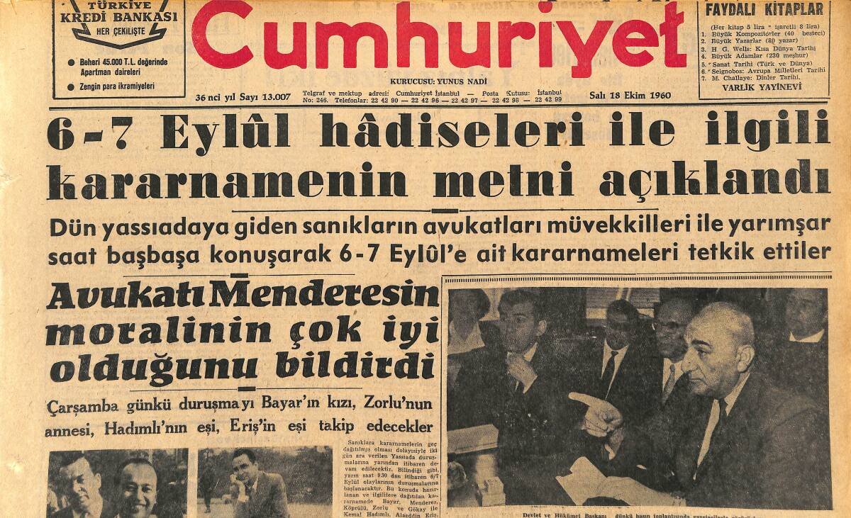Cumhuriyet Gazetesi 18 Ekim 1960 - Avukatı Menderes'in Moralinin Çok İyi Olduğunu Bildirdi GZ152557 - 1