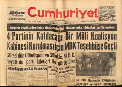 Cumhuriyet Gazetesi 18 Ekim 1961 - 4 Partinin Katılacağı Bir Milli Koalisyon Kabinesi Kurulması İçin MBK Teşebbüse Geçti GZ75943 - 1