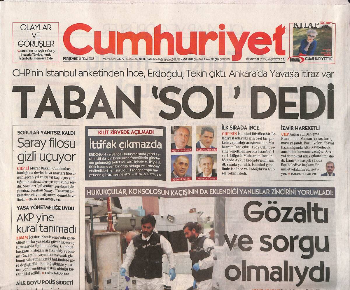 Cumhuriyet Gazetesi 18 Ekim 2018 - Tüketim Dibe Vurdu - Tarımda Yaprak Dökümü - Barselona'dan Arda Açıklaması GZ135479 - 1