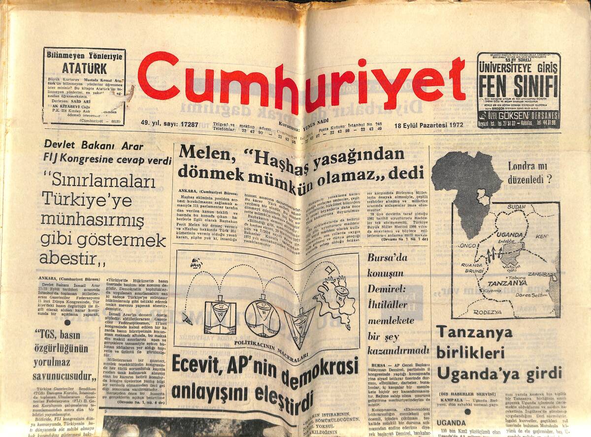 Cumhuriyet Gazetesi 18 Eylül 1972 - İnönü'nün Kardeşi Toprağa Verildi - Kongrelerle Dolu Bir Hafta Geçirdik GZ143284 - 1