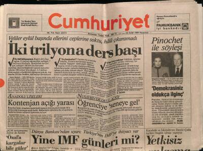 Cumhuriyet Gazetesi 18 Eylül 1989 - İki Trilyona Ders Başı GZ64415 - 1