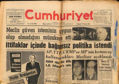 Cumhuriyet Gazetesi 18 Haziran 1964 - Nadir Nadi Bir Devrin Hikayesini Yazdı, İnönü Beyaz Saraya Helikopterle İnecek GZ88077 - 1