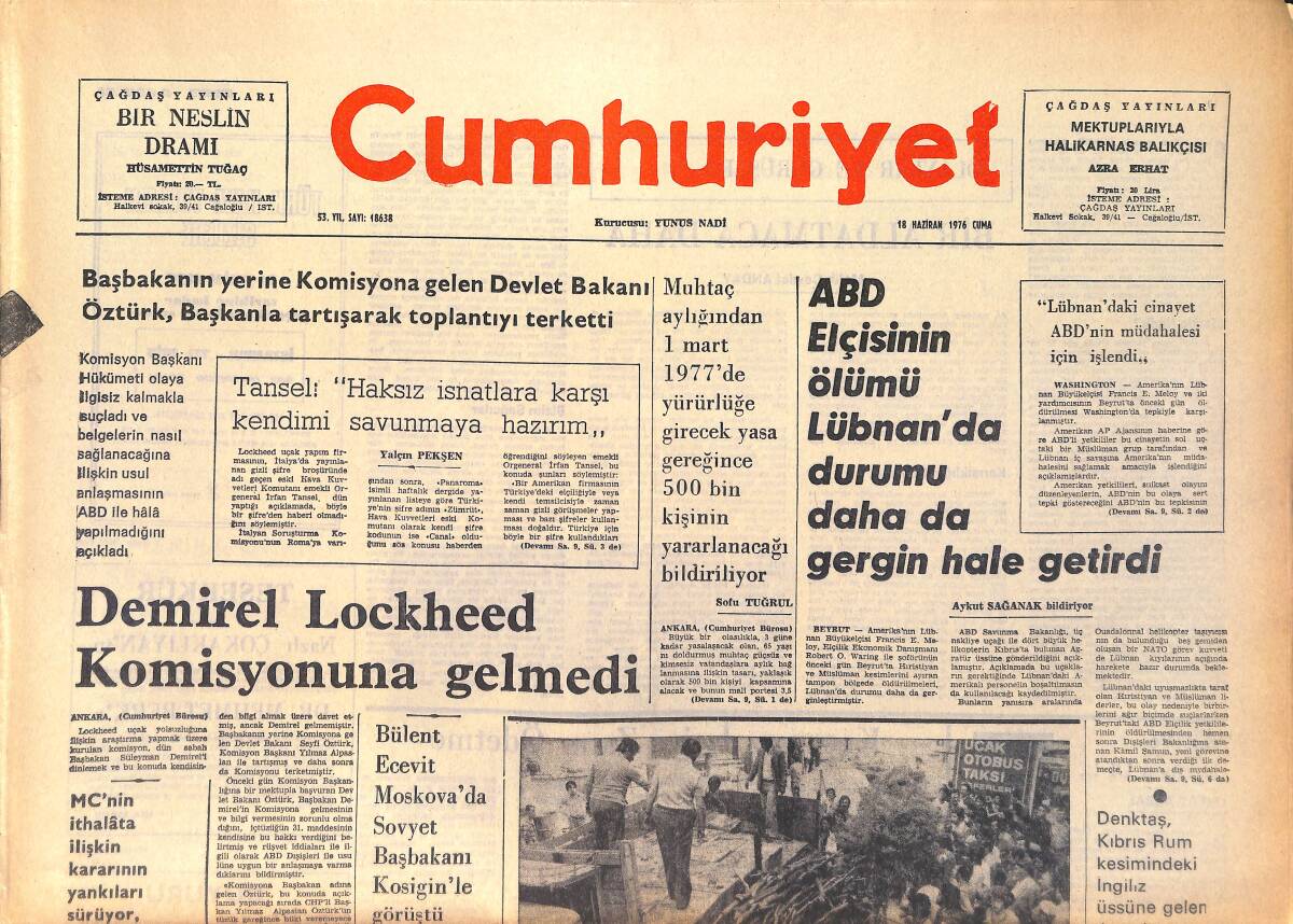 Cumhuriyet Gazetesi 18 Haziran 1976 - ABD Elçisinin Ölümü Lübnan'da Durumu Daha da Gergin Hale Getirdi GZ161130 - 1