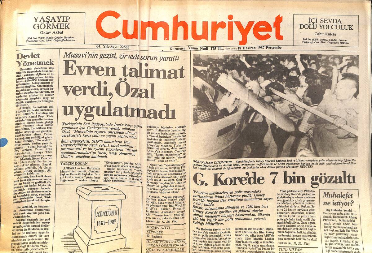 Cumhuriyet Gazetesi 18 Haziran 1987 - Evren Talimatı Verdi, Özal Uygulatmadı - Cem Karaca İstanbul'a Dönüyor - Musavi, Memnun Ayrıldı GZ140043 - 1