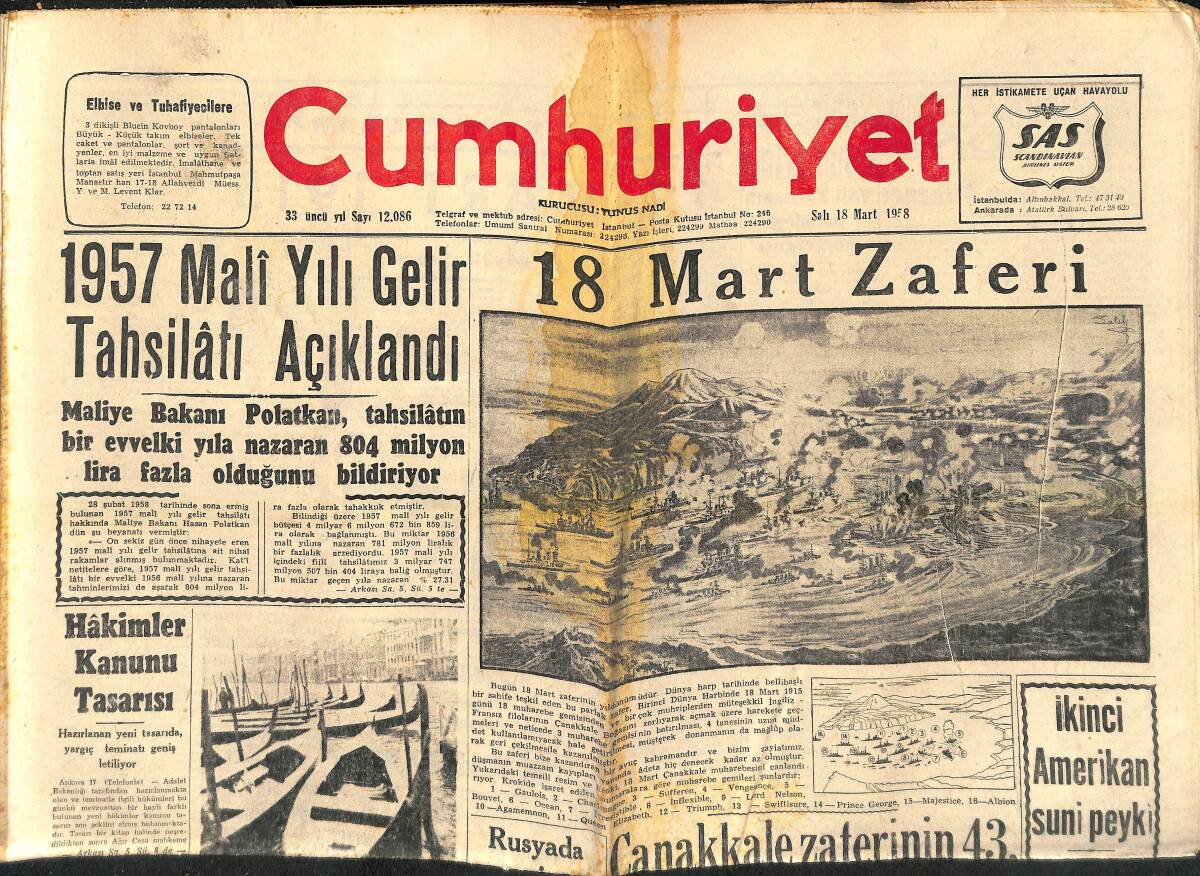 Cumhuriyet Gazetesi 18 Mart 1958 - Kıbrıs'ta Tedhişçilik Tekrar Şiddetlendi - 18 Mart Zaferi - Süreyya'ya Ödenecek Tazminat GZ139149 - 1