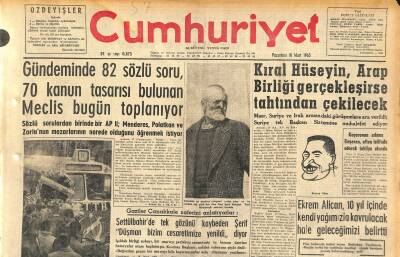 Cumhuriyet Gazetesi 18 Mart 1963 - Kral Hüseyin , Arap Birliği Gerçekleşirse Tahtından Çekilecek GZ120567 - 1