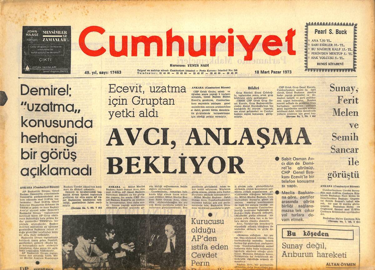 Cumhuriyet Gazetesi 18 Mart 1973 - Osman Avcı, Anlaşma Bekliyor - İstanbul'da 30 Polis Görevden Alındı! - Fenerbahçe Büyük Bir Düşüş İçindedir! GZ143167 - 1