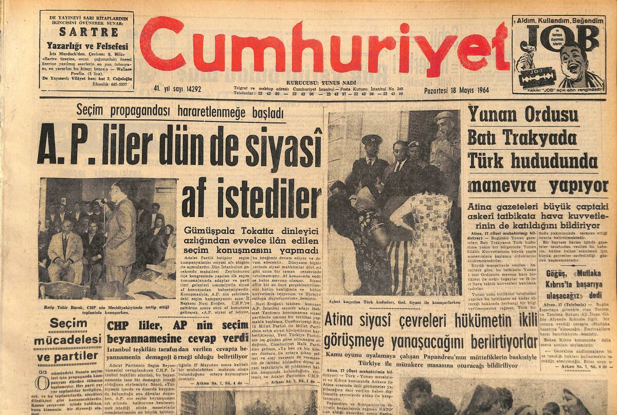Cumhuriyet Gazetesi 18 Mayıs 1964 - A.P.liler Dün de Siyasi Af İstediler - Clay Akra'da GZ160405 - 1