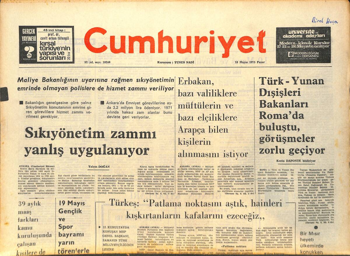 Cumhuriyet Gazetesi 18 Mayıs 1975 - Ecevit: Galatasaray Son Ümidini De Yitirdi - 19 Mayıs Ve Büyük Nutuk GZ143645 - 1