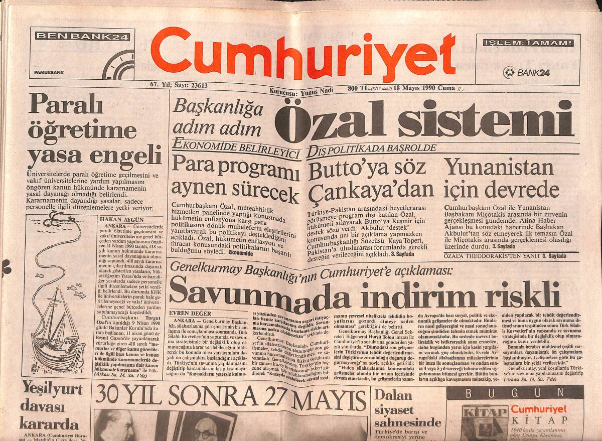 Cumhuriyet Gazetesi 18 Mayıs 1990 - Sözen , Dalan'ın Villasını Yıktı - Paralı Öğretime Yasa Engeli GZ149419 - 1