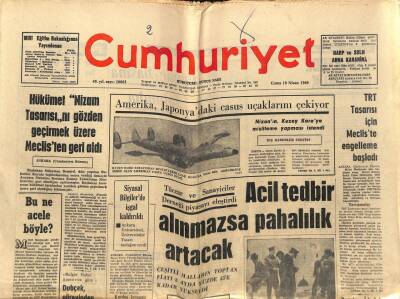 Cumhuriyet Gazetesi 18 Nisan 1969 - Amerika , Japonyadaki Casus Uçaklarını Çekiyor GZ88377 - 1