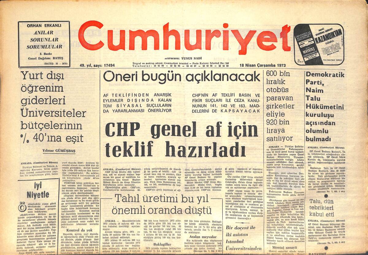 Cumhuriyet Gazetesi 18 Nisan 1973 - CHP Genel Af İçin Teklif Hazırladı - Milli Takım Bulgaristan Önünde! GZ143041 - 1