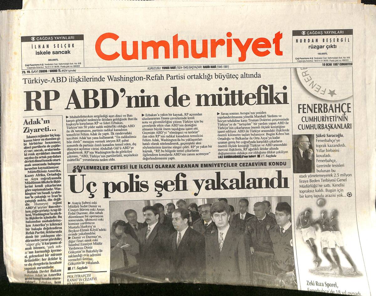 Cumhuriyet Gazetesi 18 Ocak 1997 - RP ABD'nin de Müttefiki - Adak'ın Ziyareti GZ157328 - 1