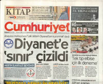 Cumhuriyet Gazetesi 18 Ocak 2018 - Anayasa Mahkemesi Laik Sistem Diyanetten Korunmalı Dedi GZ96014 - 1