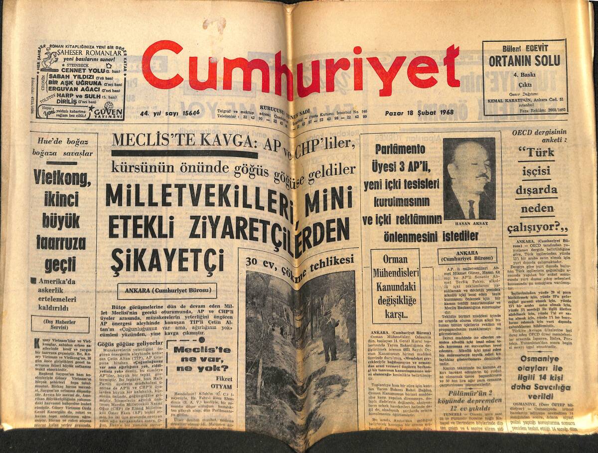 Cumhuriyet Gazetesi 18 Şubat 1968 - Jane Fonda Babasının Ve Kardeşinin Kolları Arasında - Vietkong , İkinci Büyük Taarruza Geçti GZ148796 - 1