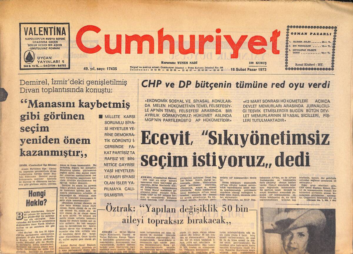 Cumhuriyet Gazetesi 18 Şubat 1973 - Bülent Ecevit, Sıkıyönetimsiz Seçim İstiyoruz Dedi - CHP Ve DP Bütçenin Tümüne Red Oyu Verdi GZ146092 - 1