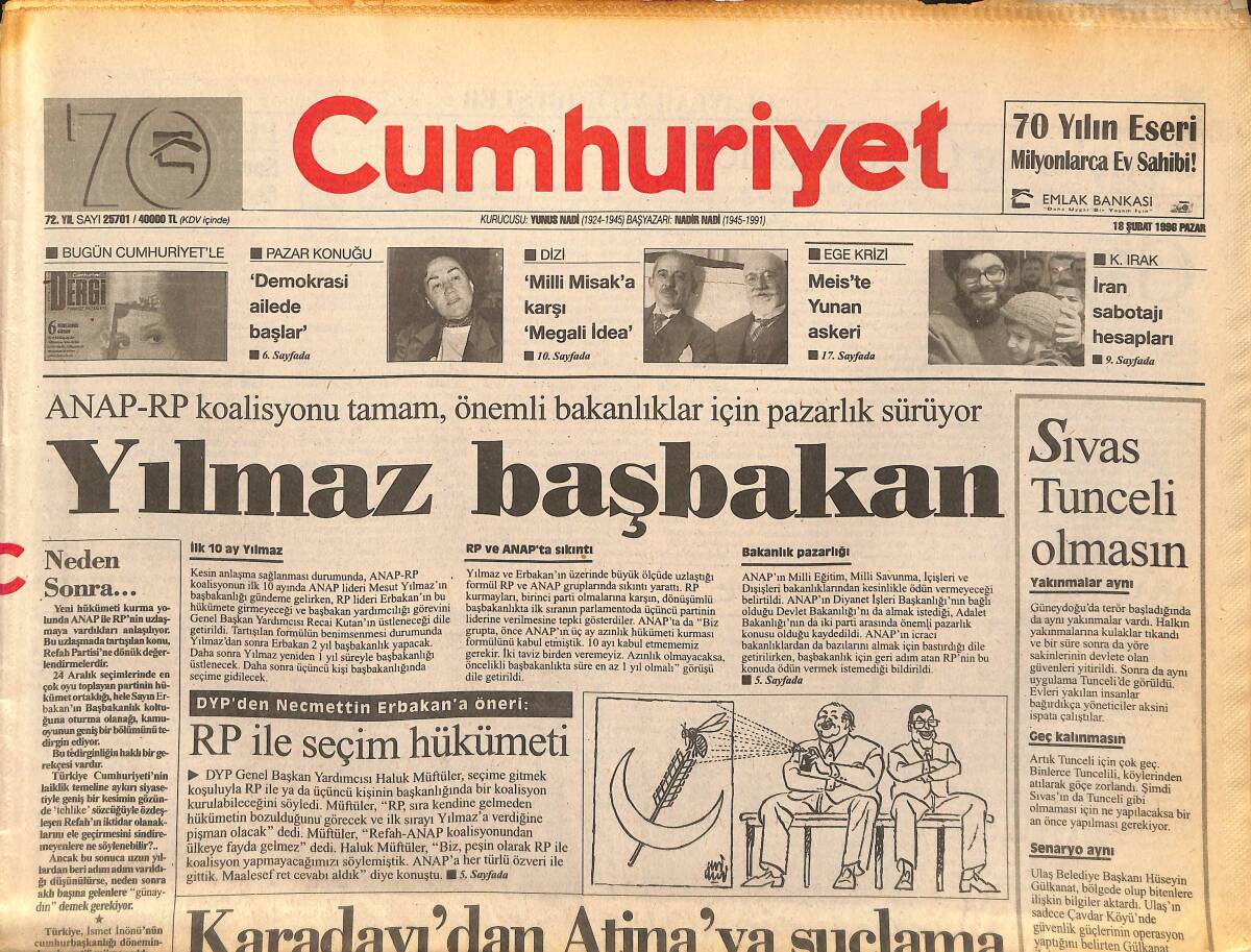 Cumhuriyet Gazetesi 18 Şubat 1996 - Yılmaz Başbakan - Kasparov Bilgisayara Yine Galip GZ147759 - 1