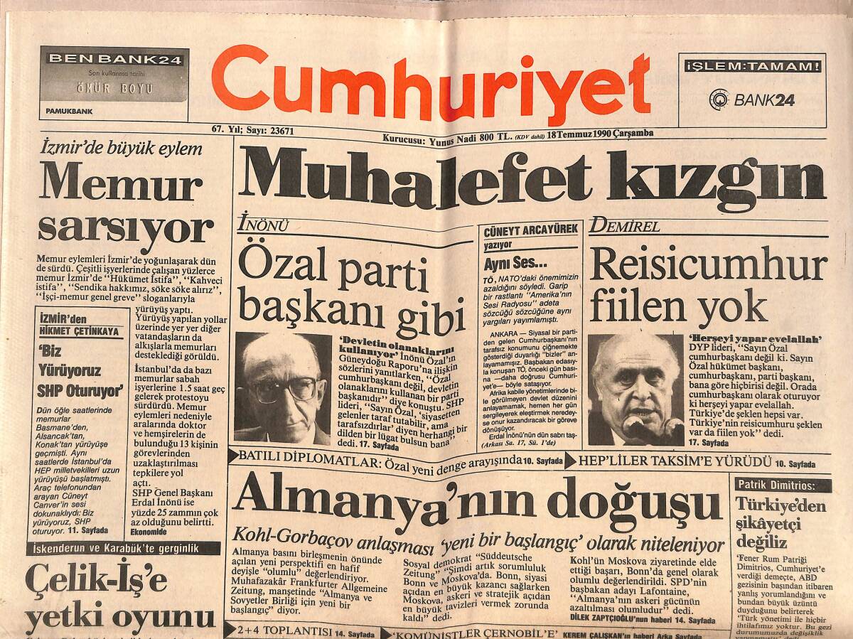 Cumhuriyet Gazetesi 18 Temmuz 1990 - TRT'den Kulüplere Çağrı - Cuellar'ın Raporu BM'de GZ151940 - 1