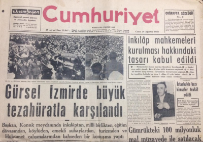 Cumhuriyet Gazetesi 19 Ağustos 1960 - İnkılap Mahkemeleri Kurulması Kabul Edildi - GZ12079 - 1