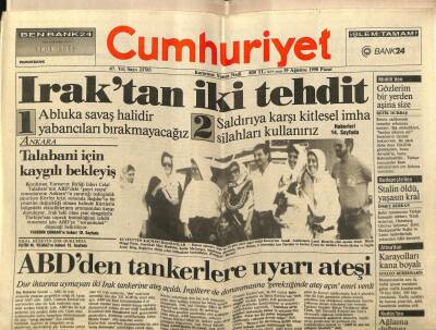 Cumhuriyet Gazetesi 19 Ağustos 1990 - Talabani İçin Kaygılı Bekleyiş GZ65108 - 2
