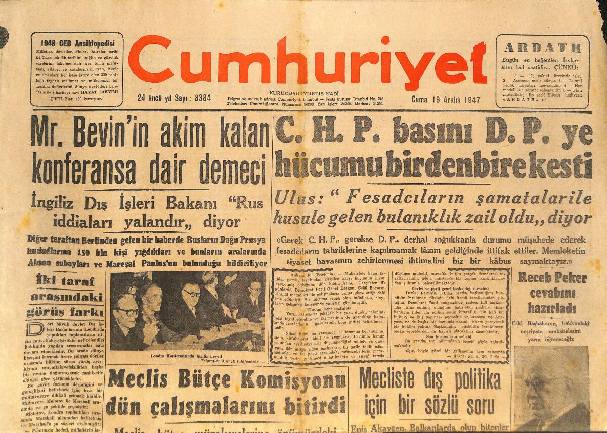 Cumhuriyet Gazetesi 19 Aralık 1947 - Filistin Hakkında Arap Şeflerinin Kat'i Kararı - Meclis Bütçe Komisyonu Dün Çalışmalarını Bitirdi! GZ146551 - 1