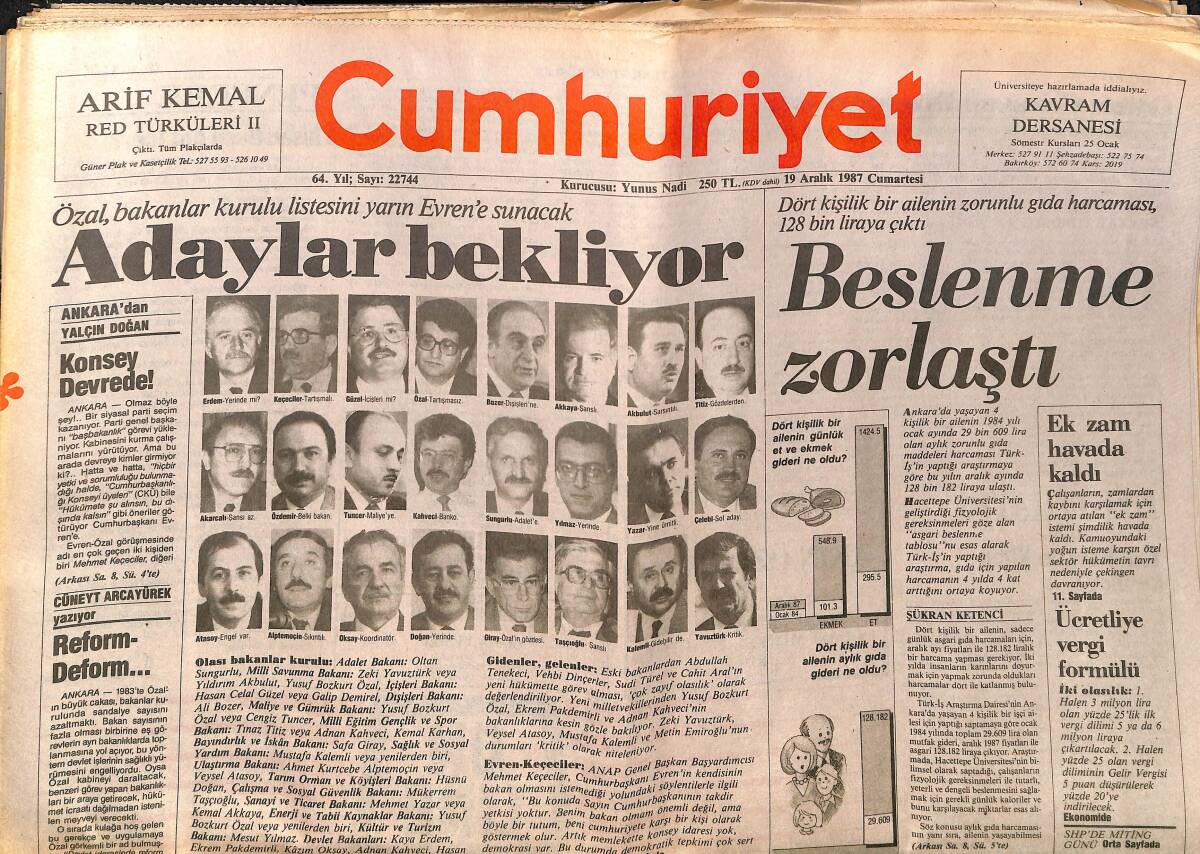 Cumhuriyet Gazetesi 19 Aralık 1987 - Sovyet Birliği: Türkiye'yi Hedef Alan Füze Kalmayacak - Yazılı Kültürümüz Tehdit Altında GZ140017 - 1