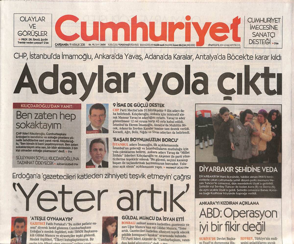 Cumhuriyet Gazetesi 19 Aralık 2018 - Hafriyat Dehşeti - Para Dışarıya Kaçıyor - Yeni Nesil Sanatçılar Geliyor GZ135498 - 1