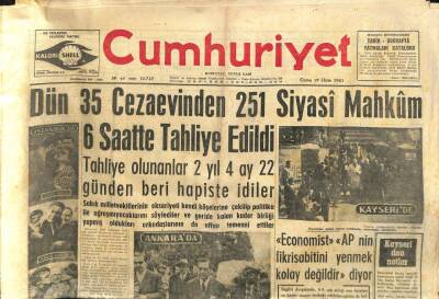 Cumhuriyet Gazetesi - 19 Ekim 1962 - 251 Siyasi Mahkum Tahliye Edildi GZ110305 - 1