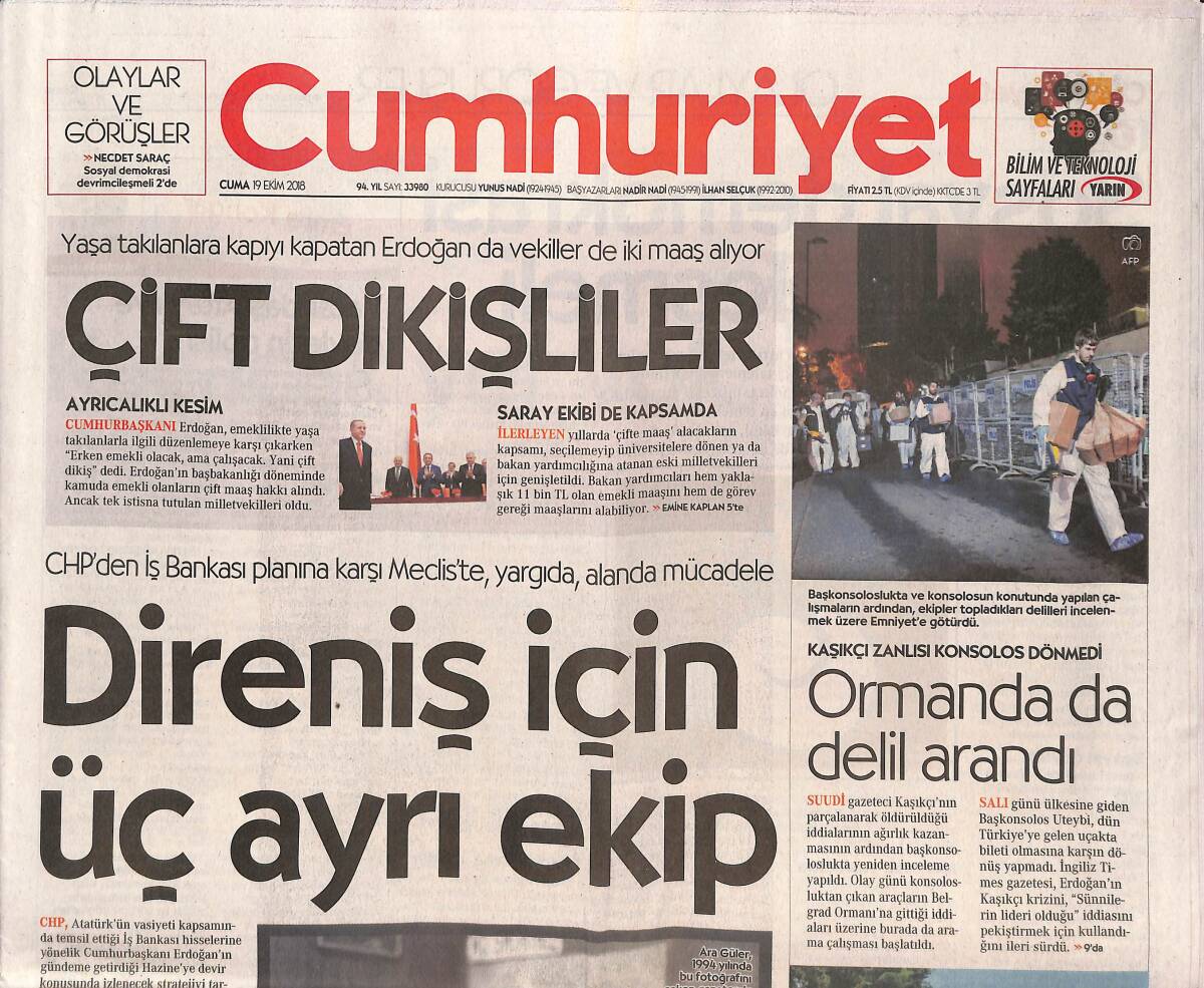 Cumhuriyet Gazetesi 19 Ekim 2018 - Beyaz Eşya Satışları Çakıldı - Antik Felaket - Anadolu Belleğini Yitirdi GZ135478 - 1