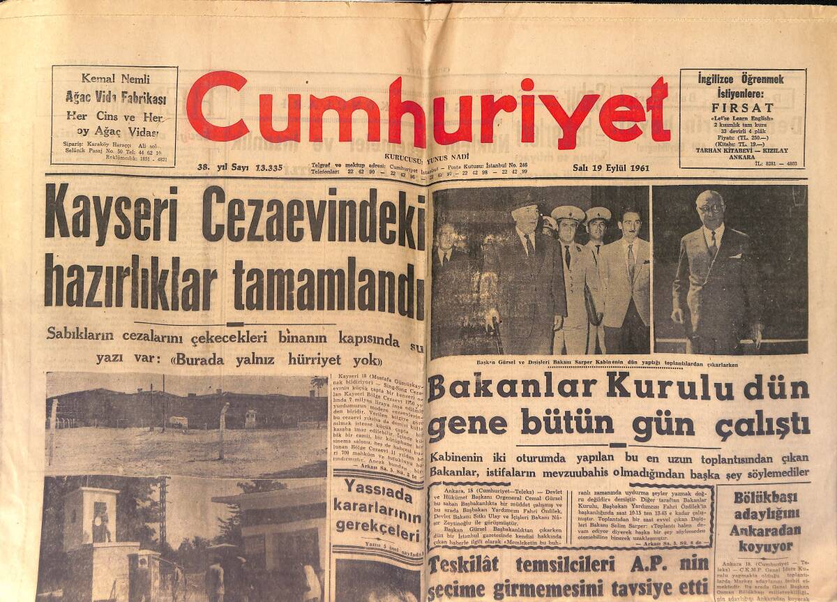 Cumhuriyet Gazetesi 19 Eylül 1961 - Kayseri Cezaevindeki Hazırlıklar Tamamlandı - Kurbanoğlu İzini Kaybetti GZ153993 - 1
