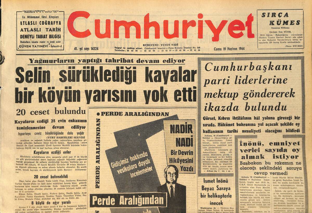 Cumhuriyet Gazetesi 19 Haziran 1964 - İsmet İnönü Beyaz Saray'a Bir Helikopterle İnecek GZ160377 - 1