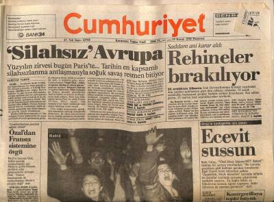 Cumhuriyet Gazetesi 19 Kasım 1990 - Tarihin En Kapsamlı Silahsızlanma Antlaşmasıyla Soğuk Savaş Resmen Bitiyor GZ87356 - 1