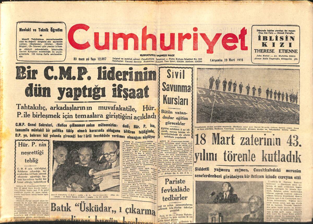 Cumhuriyet Gazetesi 19 Mart 1958 - Paris'te Fevkalade Tedbirler - Kıbrıs'ta Bir Türk Daha Öldürüldü - İnönü'nün Sivaslılara Mesajı GZ139150 - 1