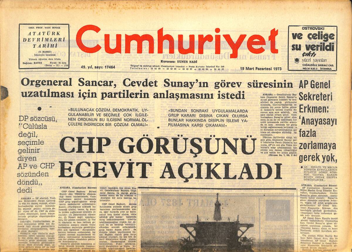 Cumhuriyet Gazetesi 19 Mart 1973 - CHP Görüşünü Ecevit Açıkladı! - Belgelerle İstanbul'un İşgali GZ143166 - 1